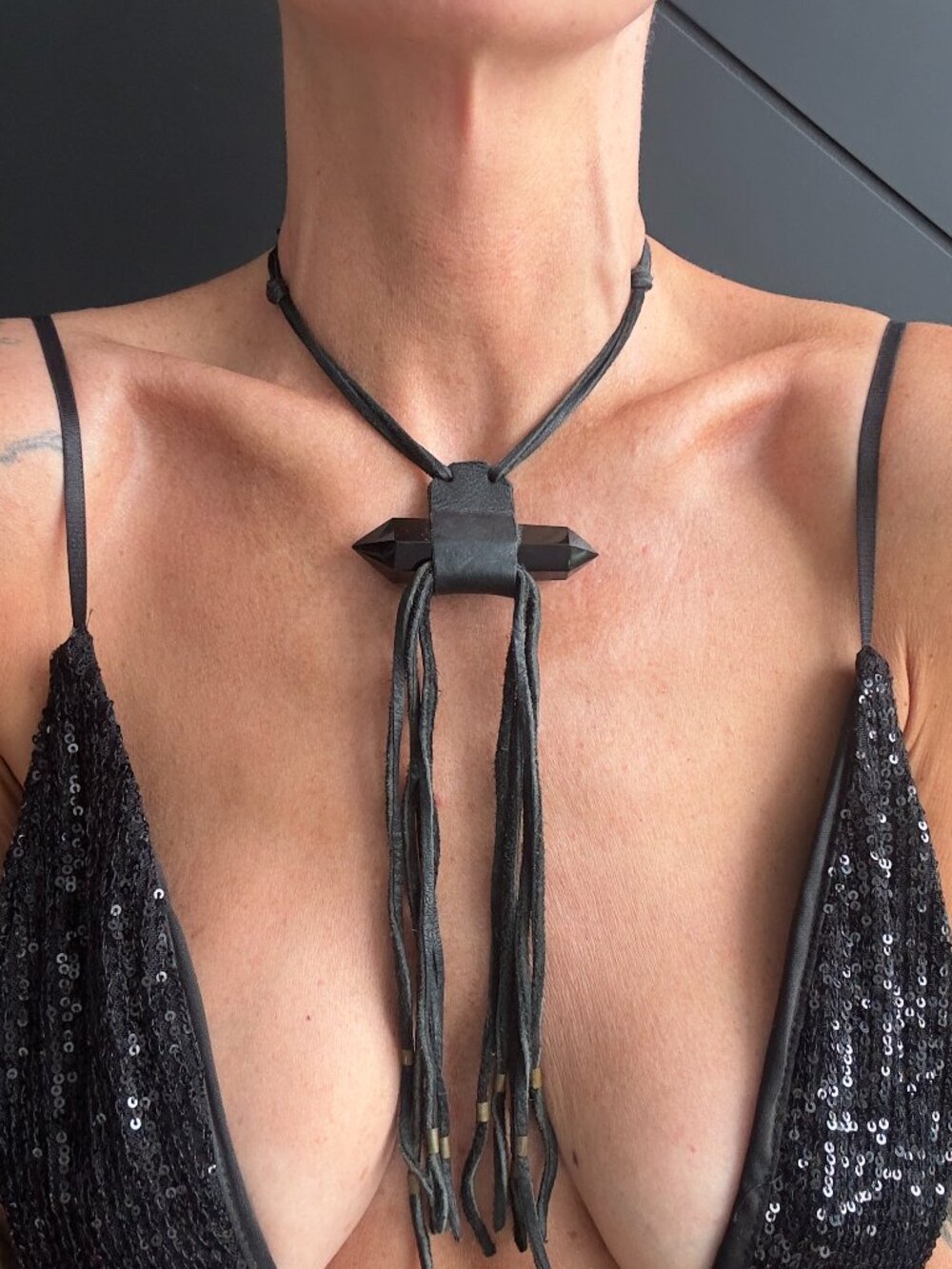 Black Crystal Point Leather Fringe Bolo Necklace